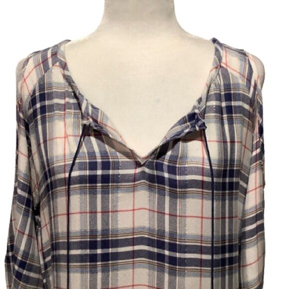 KENNETH COLE REACTION PLAID COLD SHOULDER TUNIC TOP Sz S ( fits like a M) - Picture 2 of 10